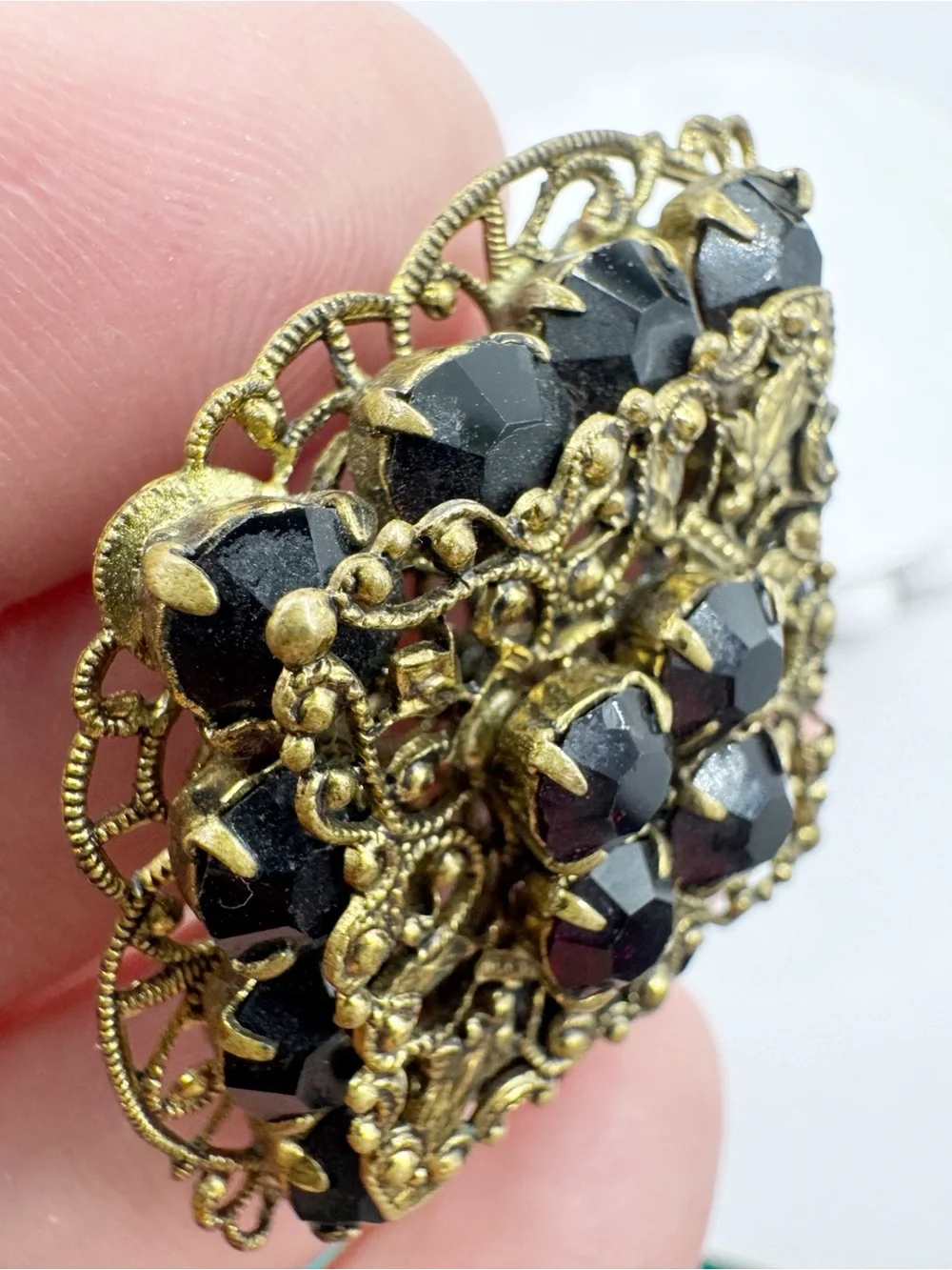 Antiqued gold tone filigree Czech style glass brooch pin